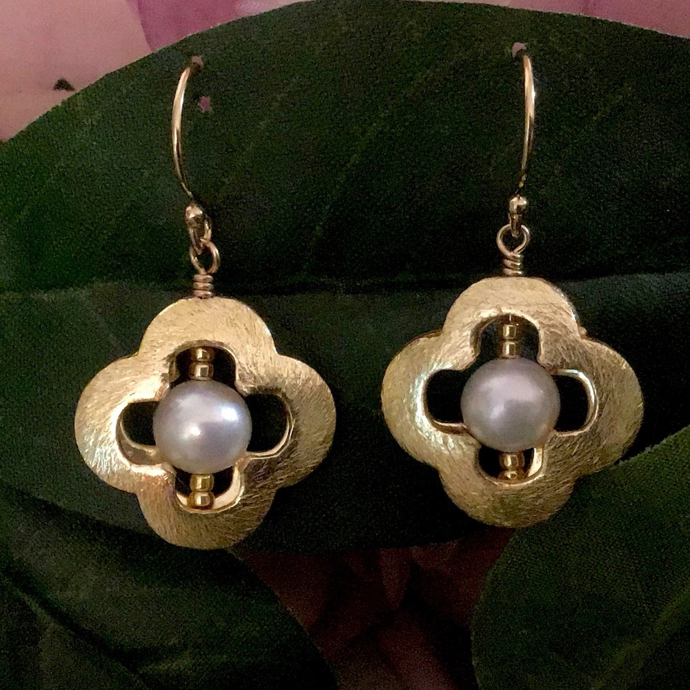 Gold Clover Genuine Pearl Earrings Handmade